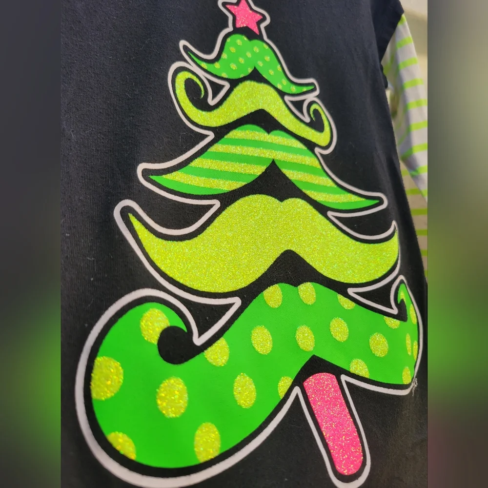 Justice mustache Christmas tree presents top shirt 6 glitter